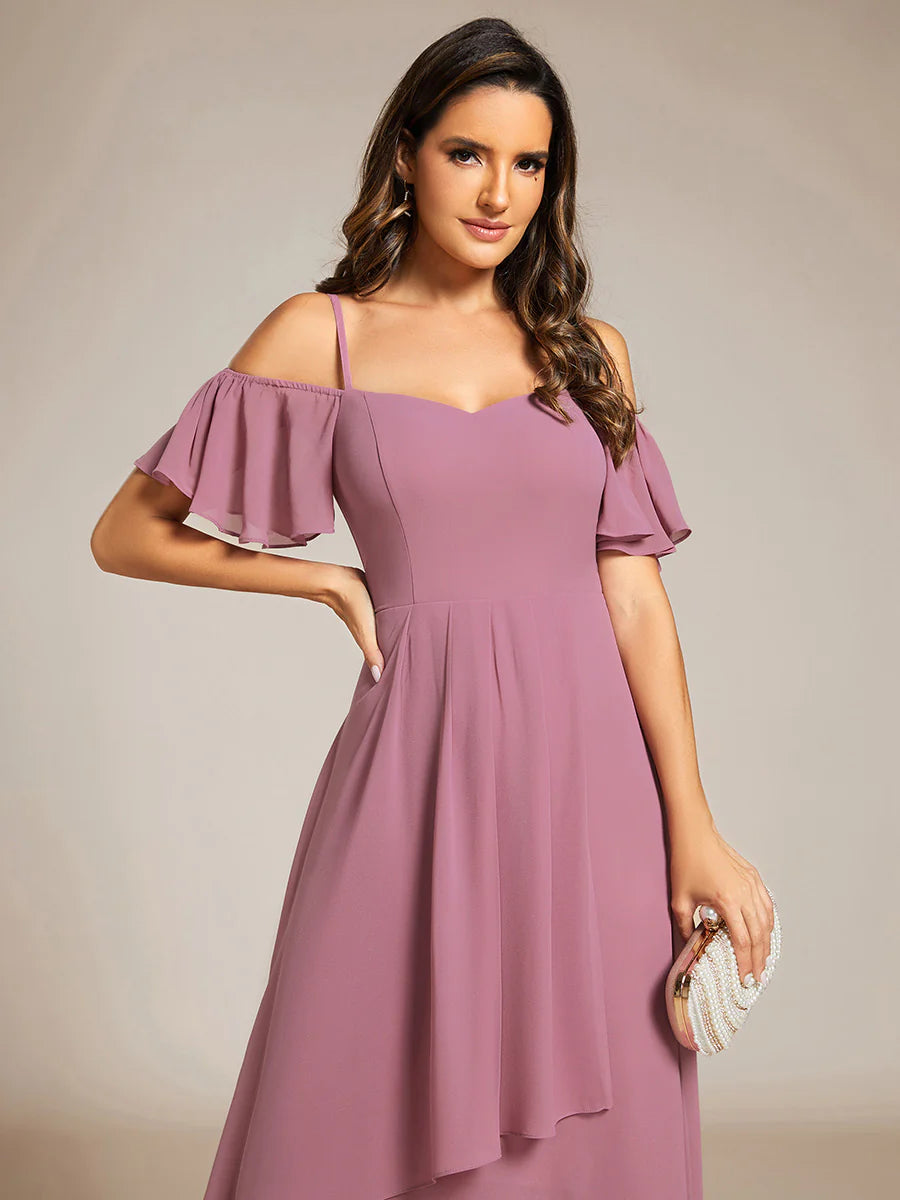 Chiffon Spaghetti Strap Cold Shoulder Tea Length Wedding Guest Dress
