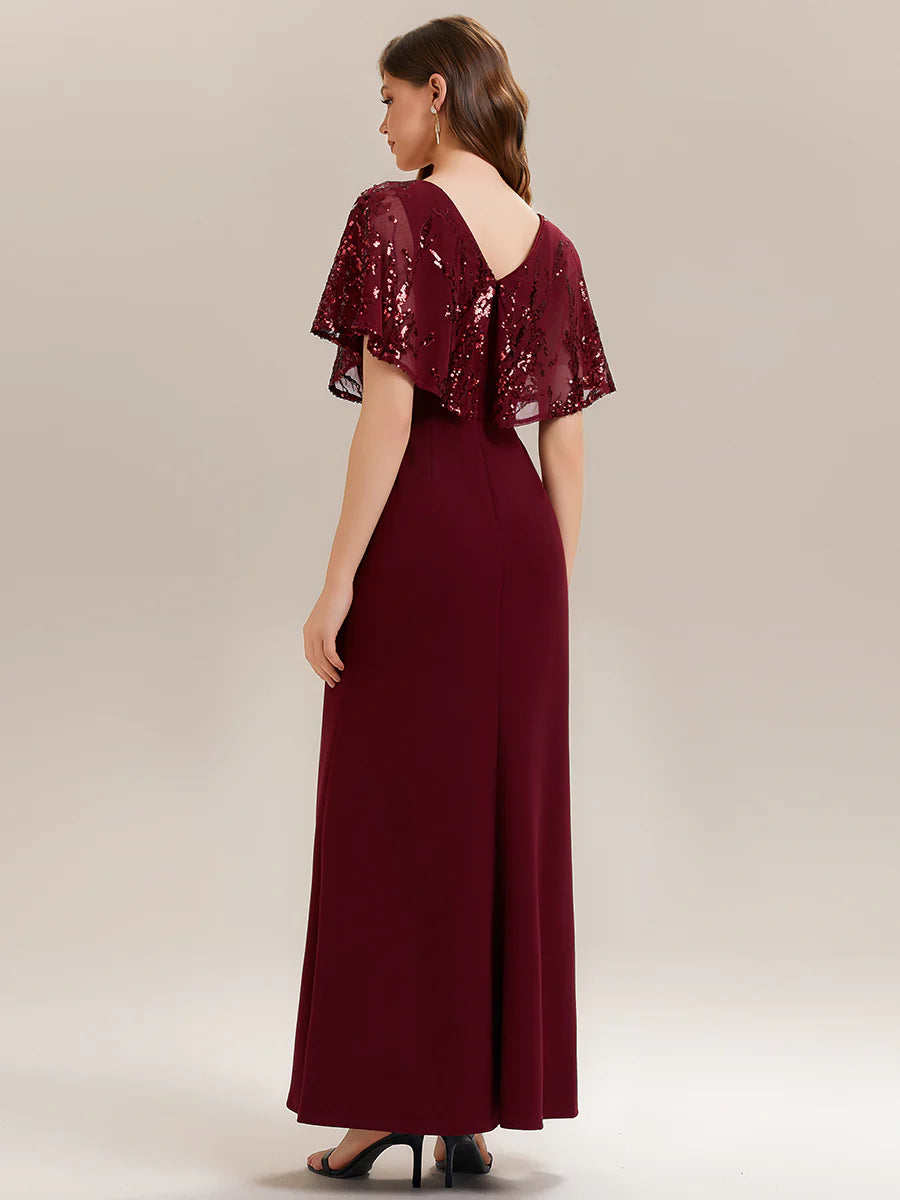 Bulk Order Short Sleeve Sequin Fishtail V-Neck Floor Length Evening Dresses