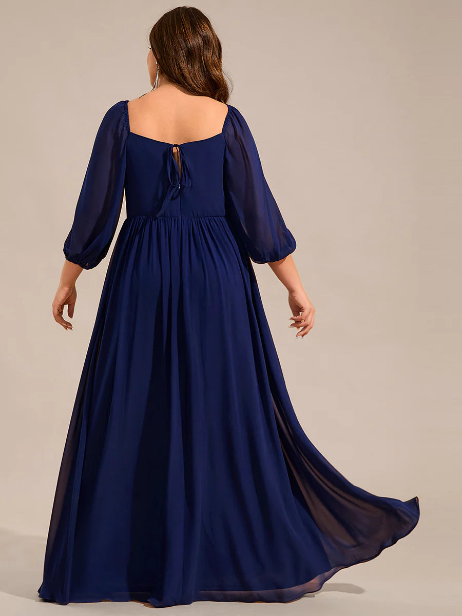 Plus Size Graceful Sweetheart 3/4 Lantern Sleeve Chiffon Bridesmaid Dresses with Frenulum knotting