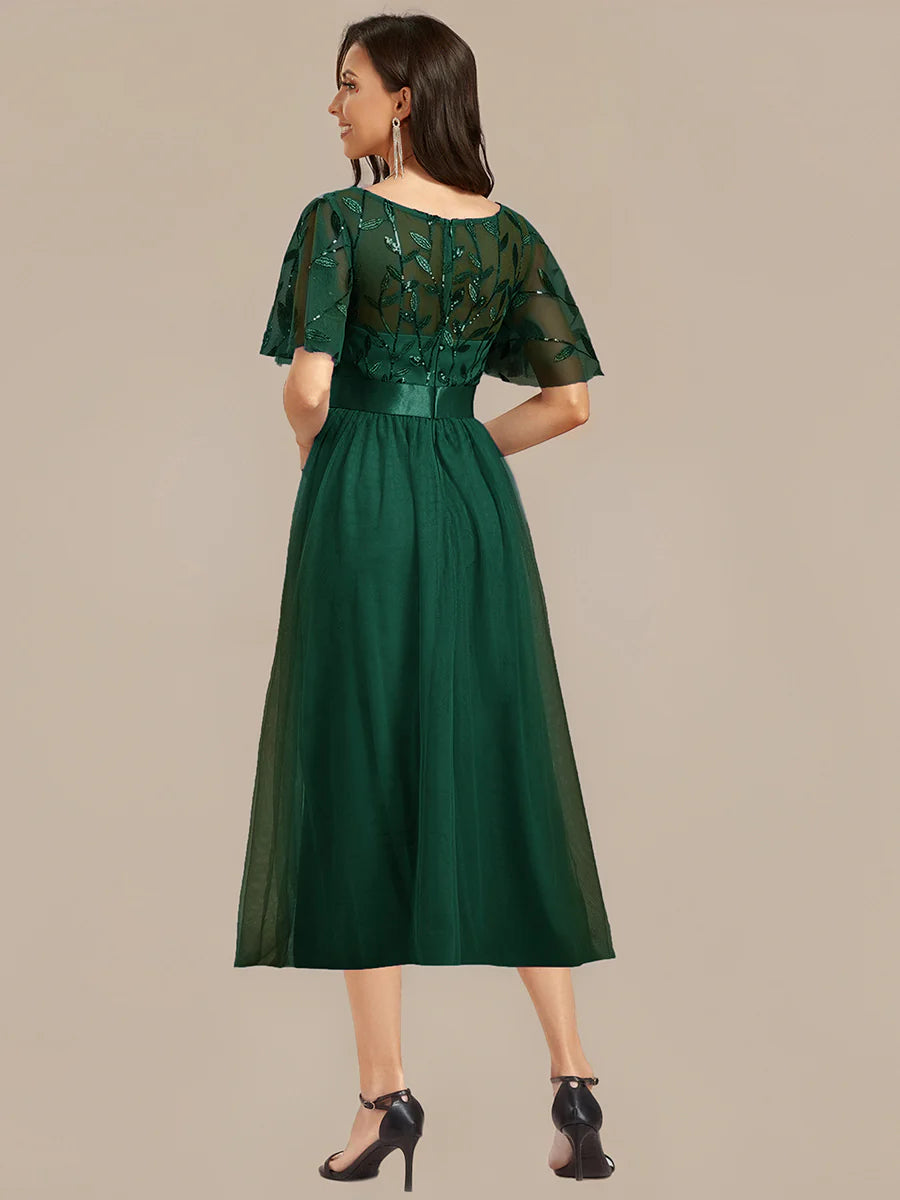 Bulk Order | Plus Size Fit A-Line Deep V-Neck Evening Gown | Ruffled Short Sleeve Midi Dress