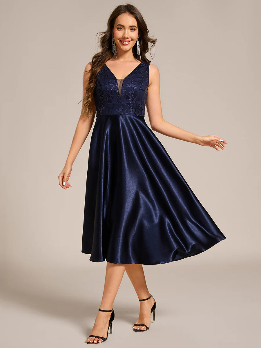 Strapless A-Line Midi Dress with Deep V-Neck Wedding Guest Dress