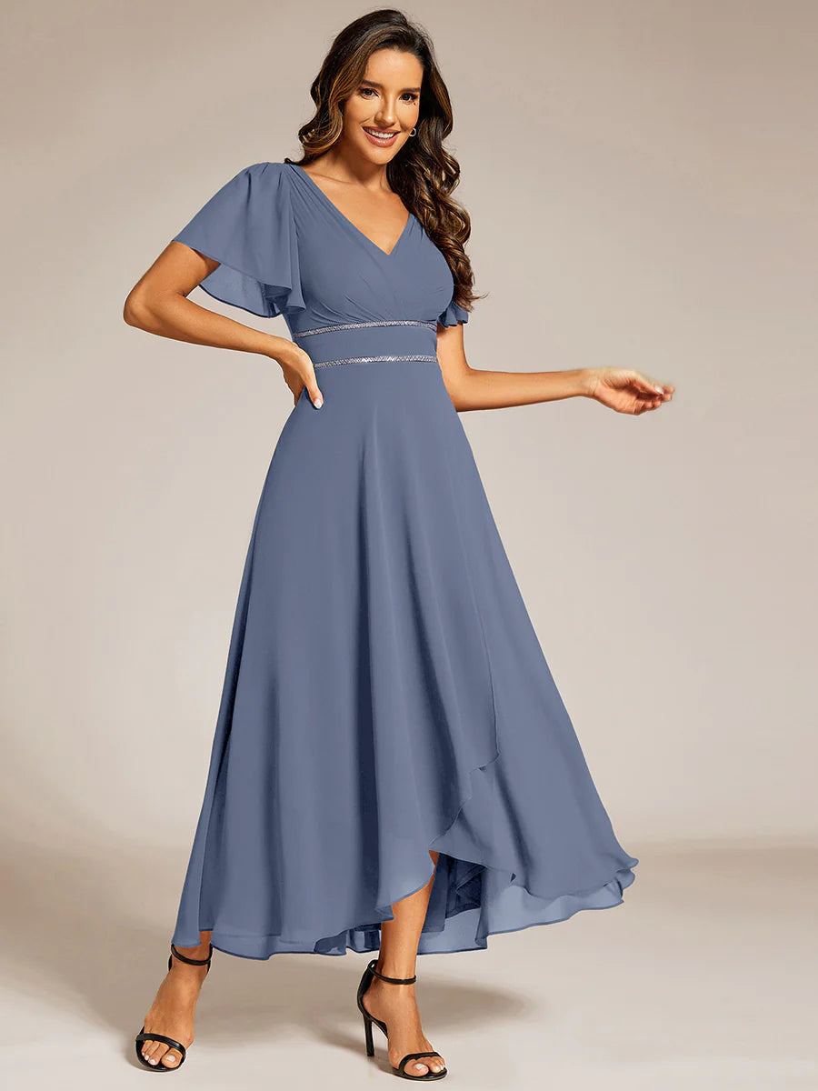 Elegant Asymmetrical A-Line Skirt Nine-Length Chiffon Dresses with Ruffles Sleeves