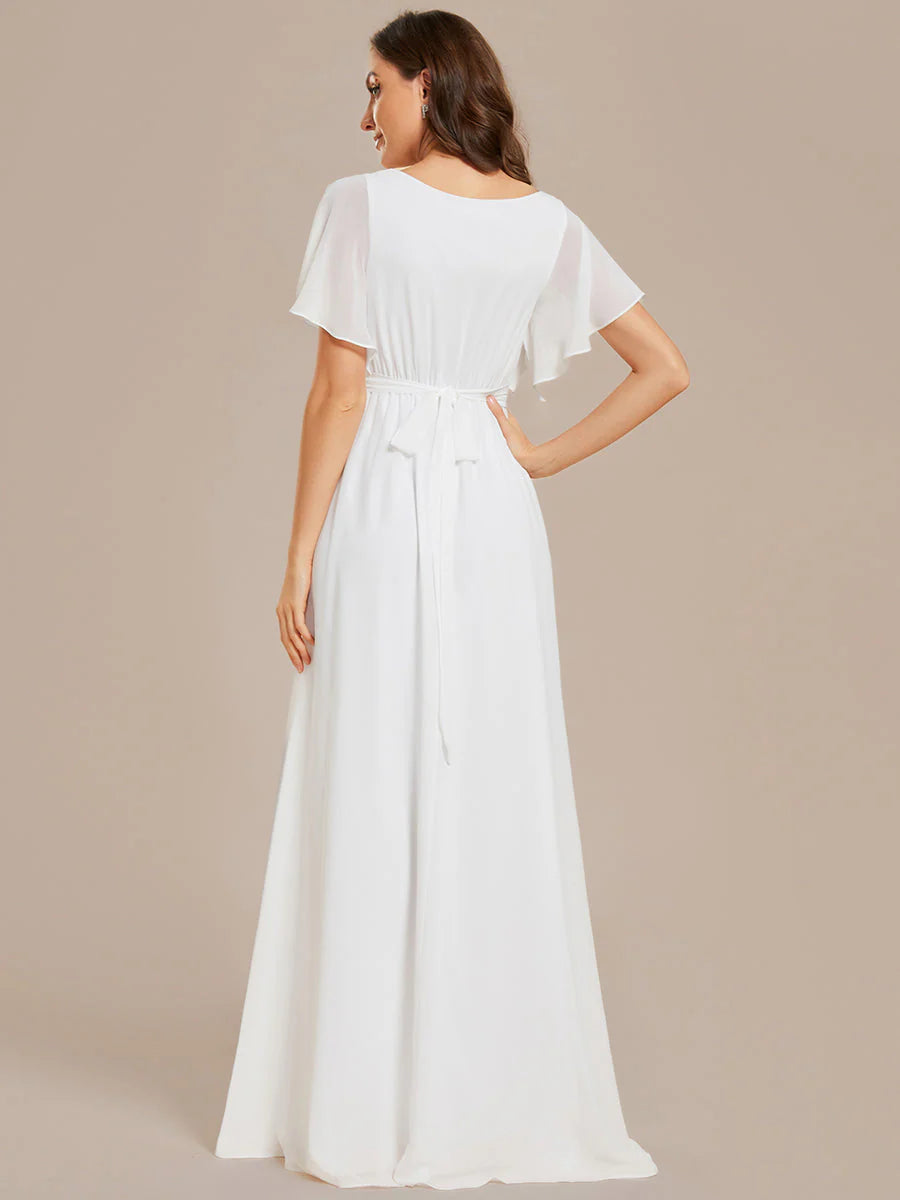 A Line Wholesale Evening Dresses with Deep V Neck Ruffles Sleeves