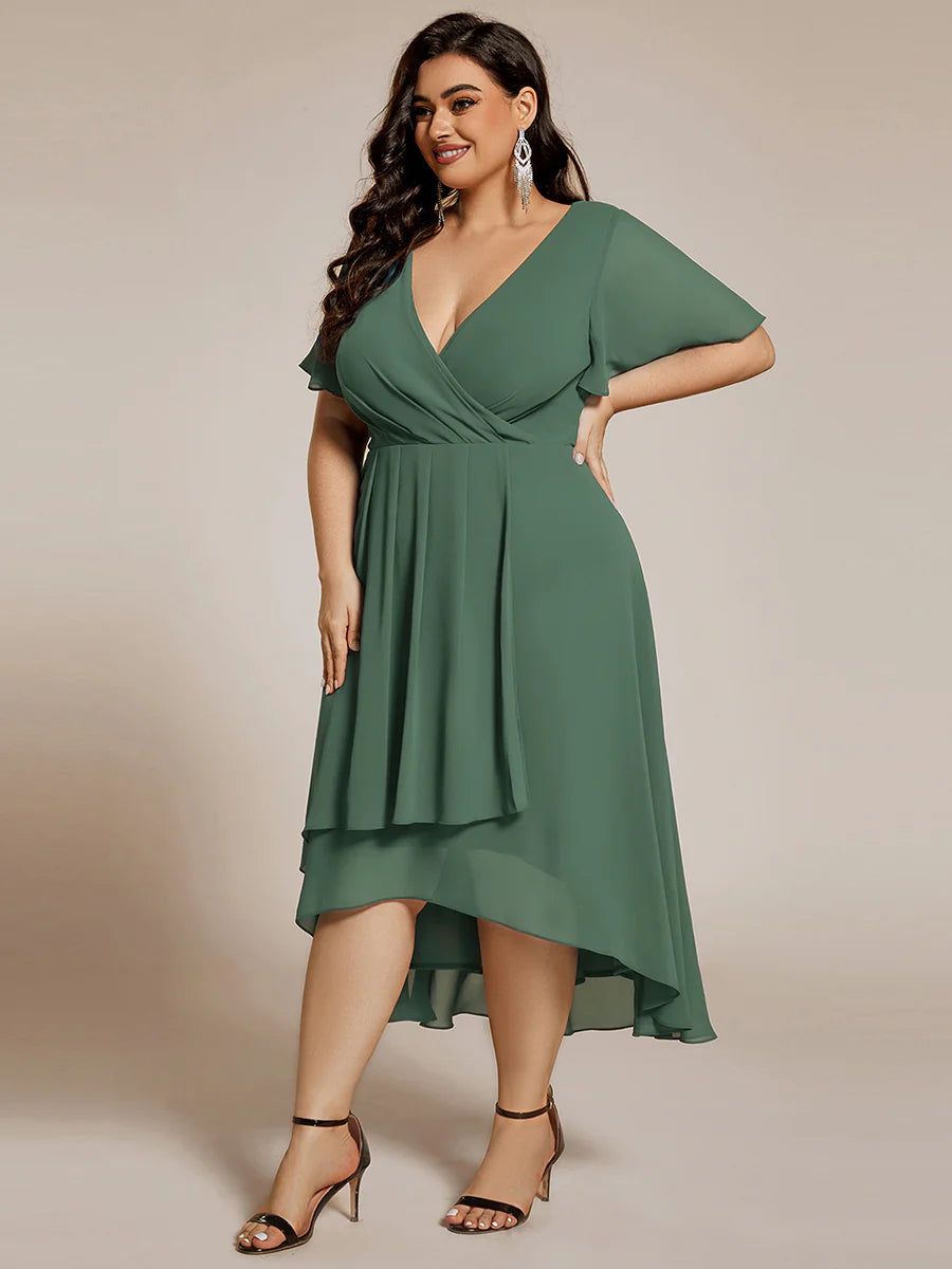Plus V-Neck Midi Chiffon Wedding Guest Dresses with Ruffles Sleeve