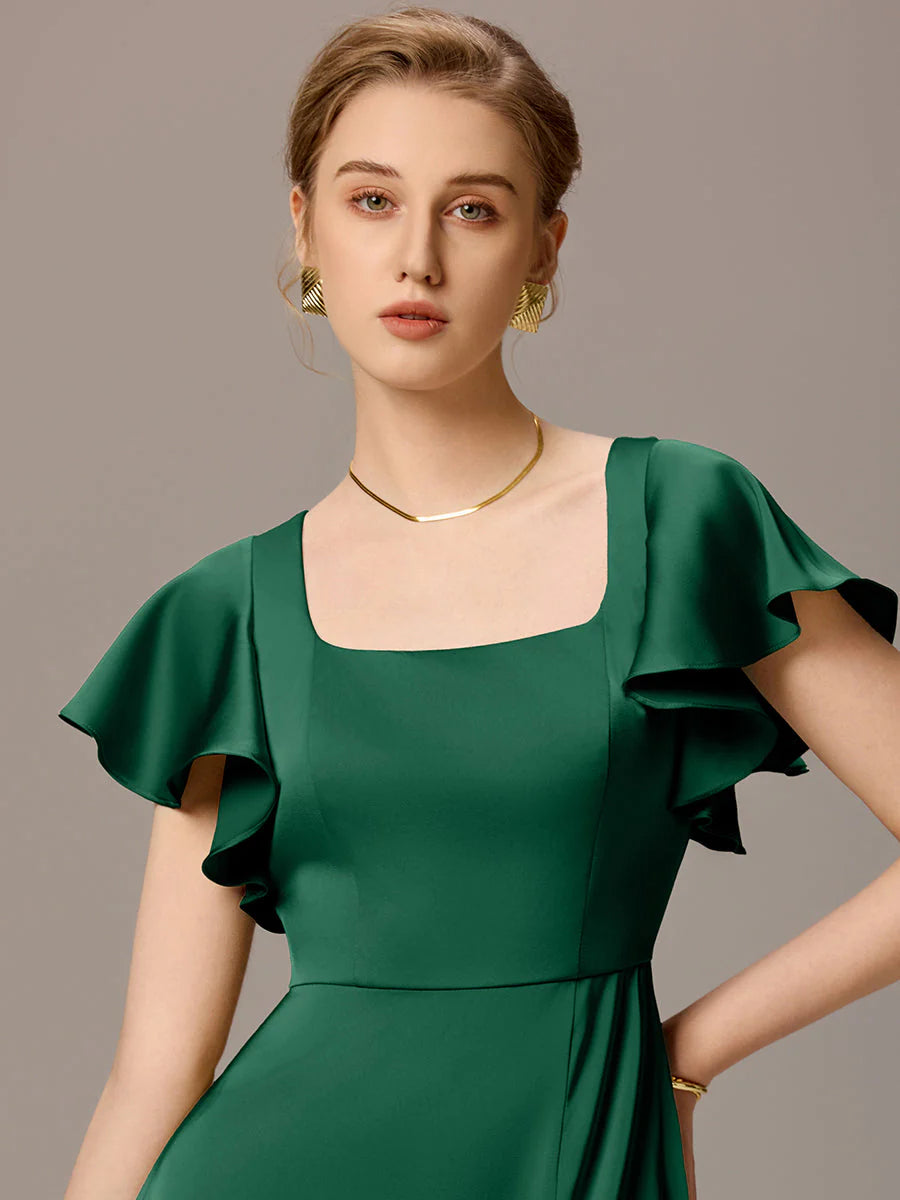 Customized Satin Square Neck Short Sleeve Ruffled Maxi Bridesmaid Dress with Pockets