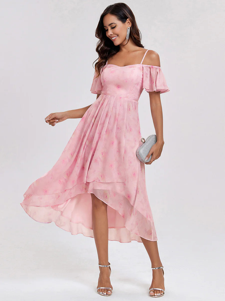 Chiffon Spaghetti Strap Cold Shoulder Tea Length Wedding Guest Dress