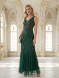 Commercial Wholesale Sleeveless High Stretch Fishtail Beaded V-Neck Evening Dresses