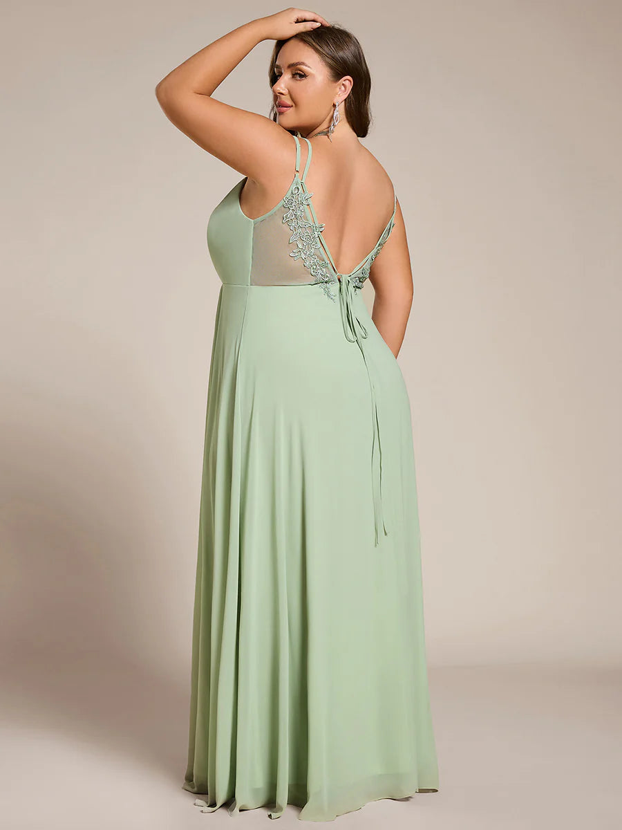 Plus Size Sleeveless V-Neck Appliques A-Line Floor Length Bridesmaid Dresses