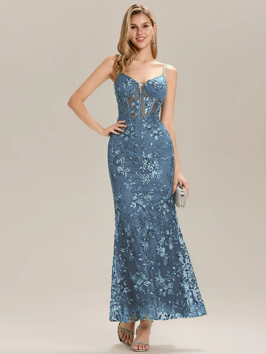 Sleeveless Deep V-Neck Backless Sequin Fishtail Evening Dresses
