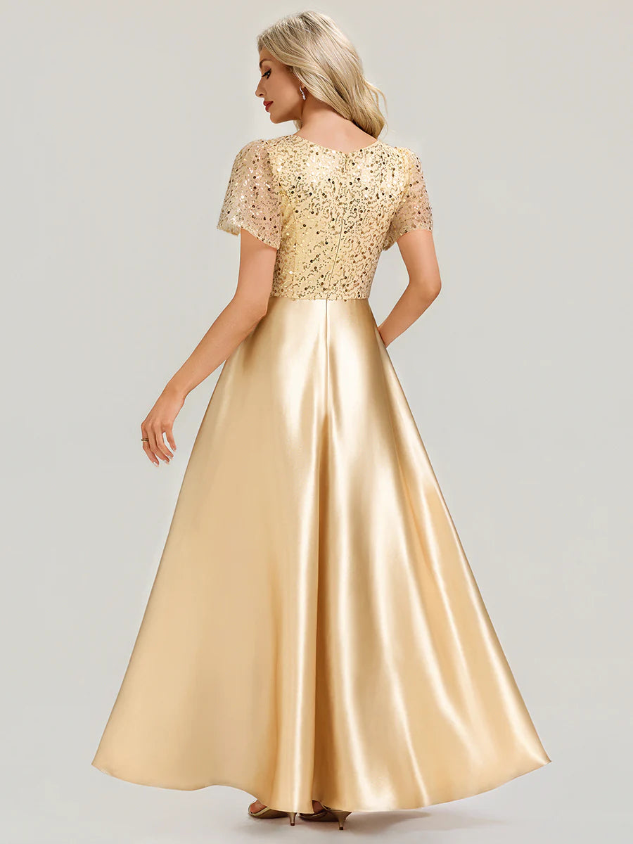 V-Neck Short Sleeve Evening Dress with Ruffle and Sheer Appliques