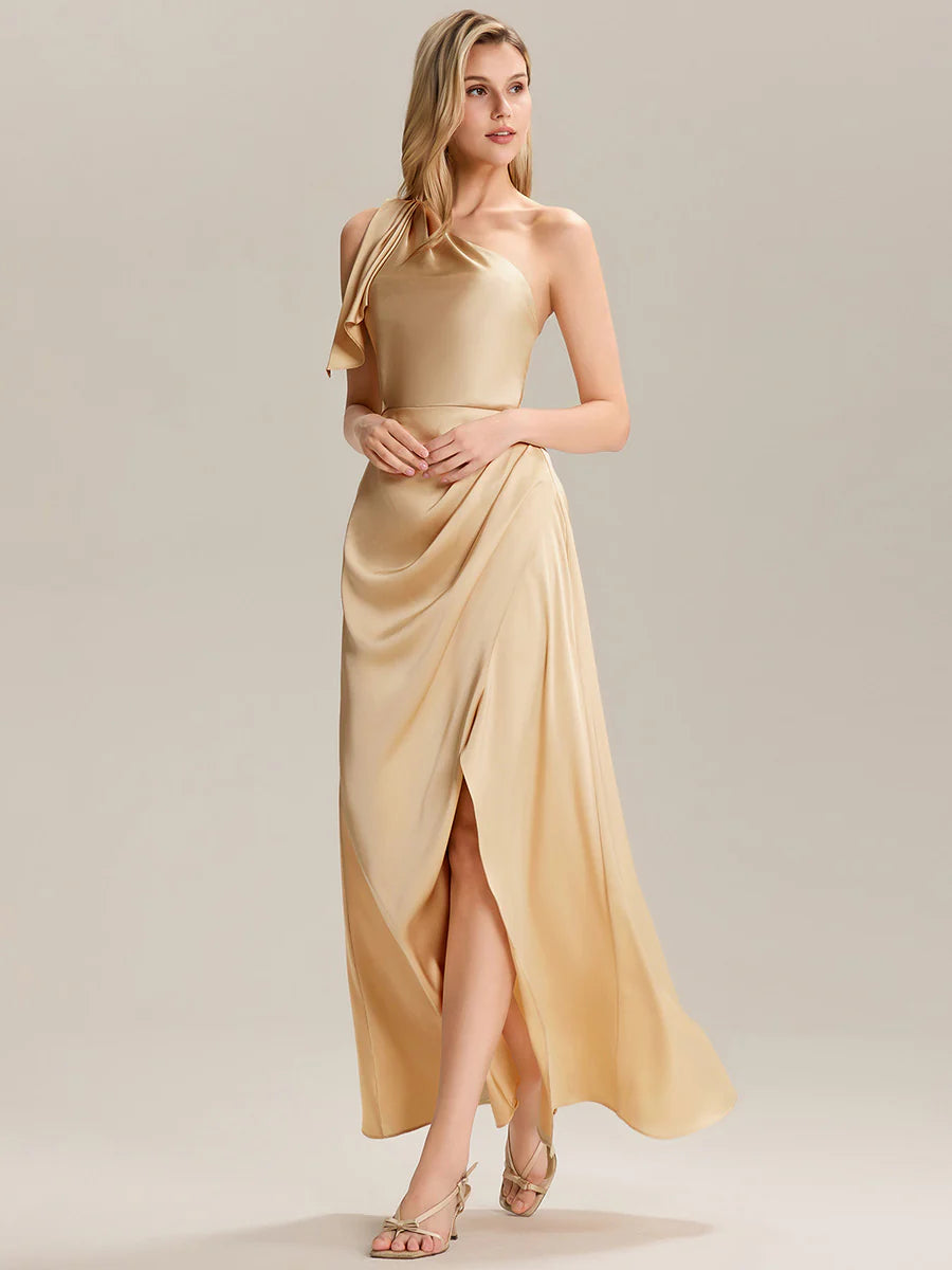 Sleeveless Asymmetrical A-Line Floor Length Dress with Thigh-High Slit, Bridesmaid Dresses
