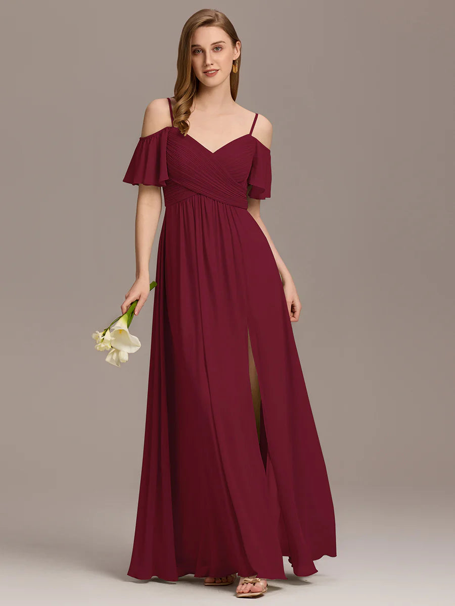 Short Sleeve Off Shoulder Pleated A-Line Split Floor-Length Bridesmaid Dresses