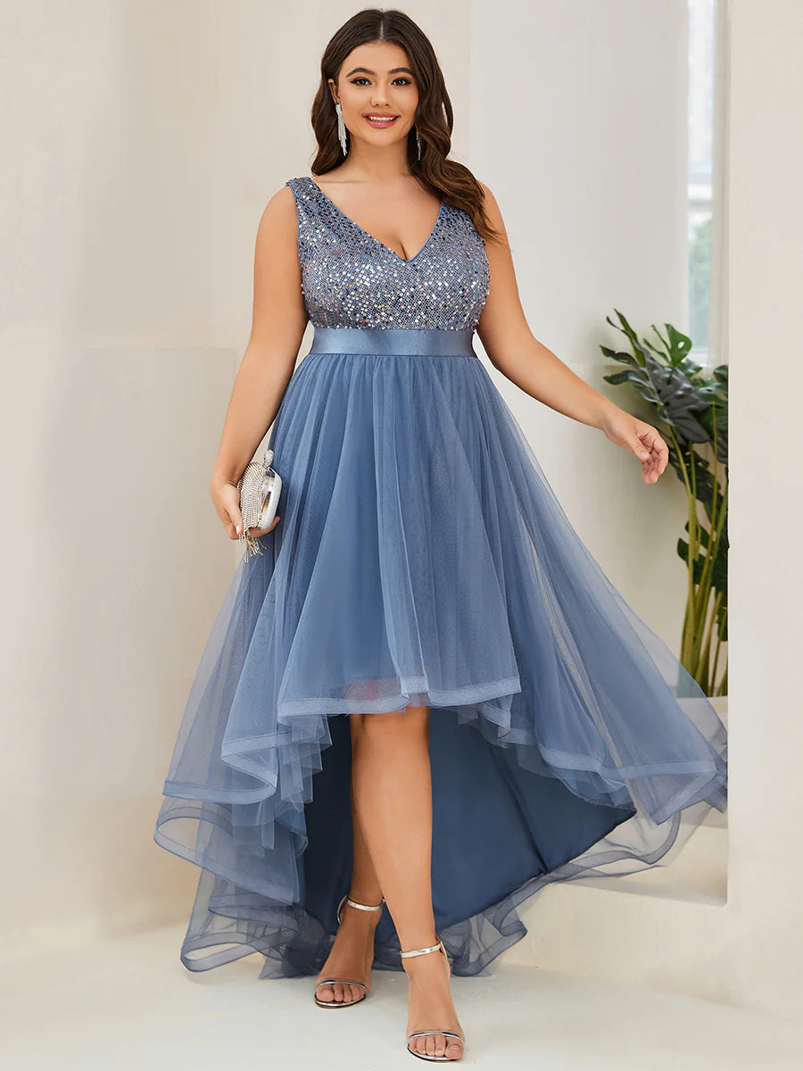Plus Size Sparkling Wholesale Evening Dresses with Asymmetrical Hem Deep V Neck