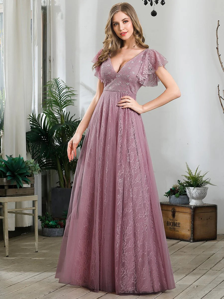 Double V-Neck Floor Length Wholesale Dresses with Short Sleeve