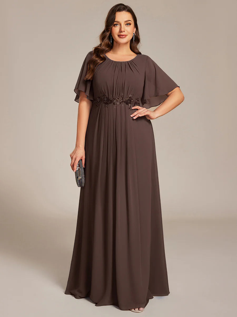 Short Sleeves Pleated Applique A-Line Floor-Length Formal Evening Dress