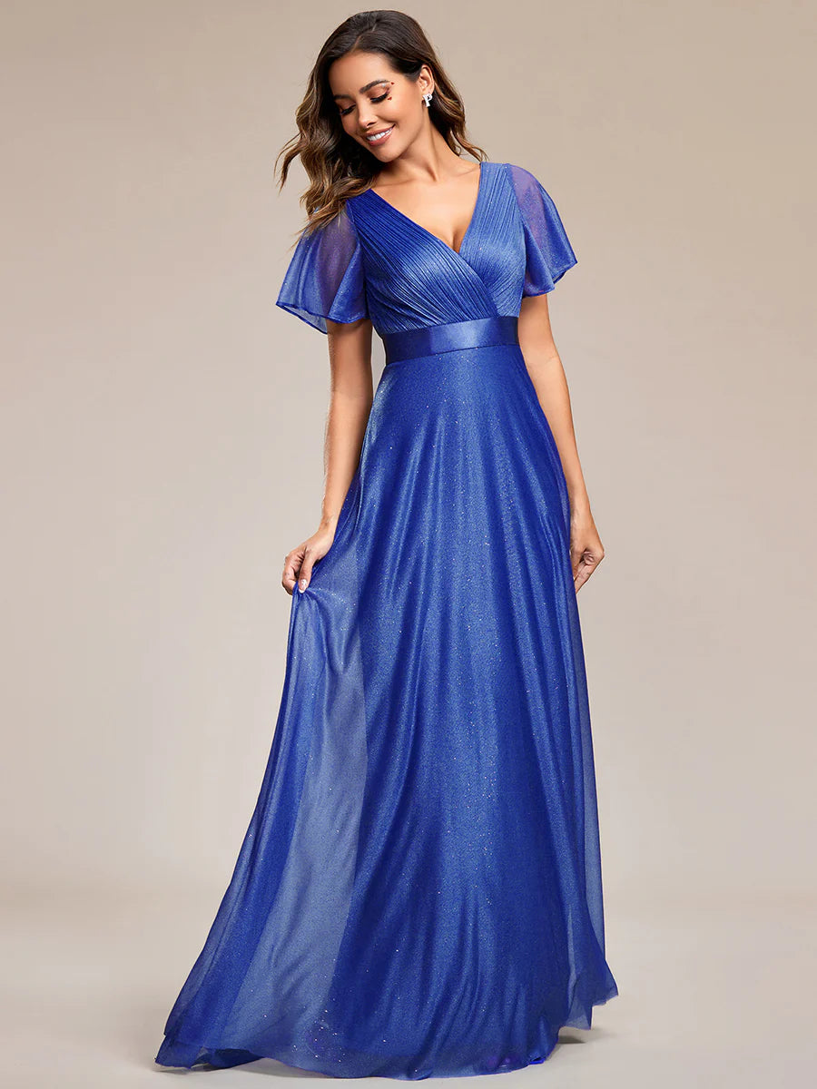 Deep V Neck Ruffles Sleeve A Line Wholesale Evening Dresses