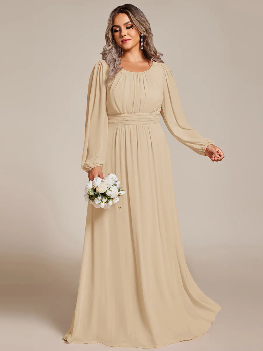 Plus Size Round Neck Wholesale Bridesmaid Dresses with Long Lantern Sleeves