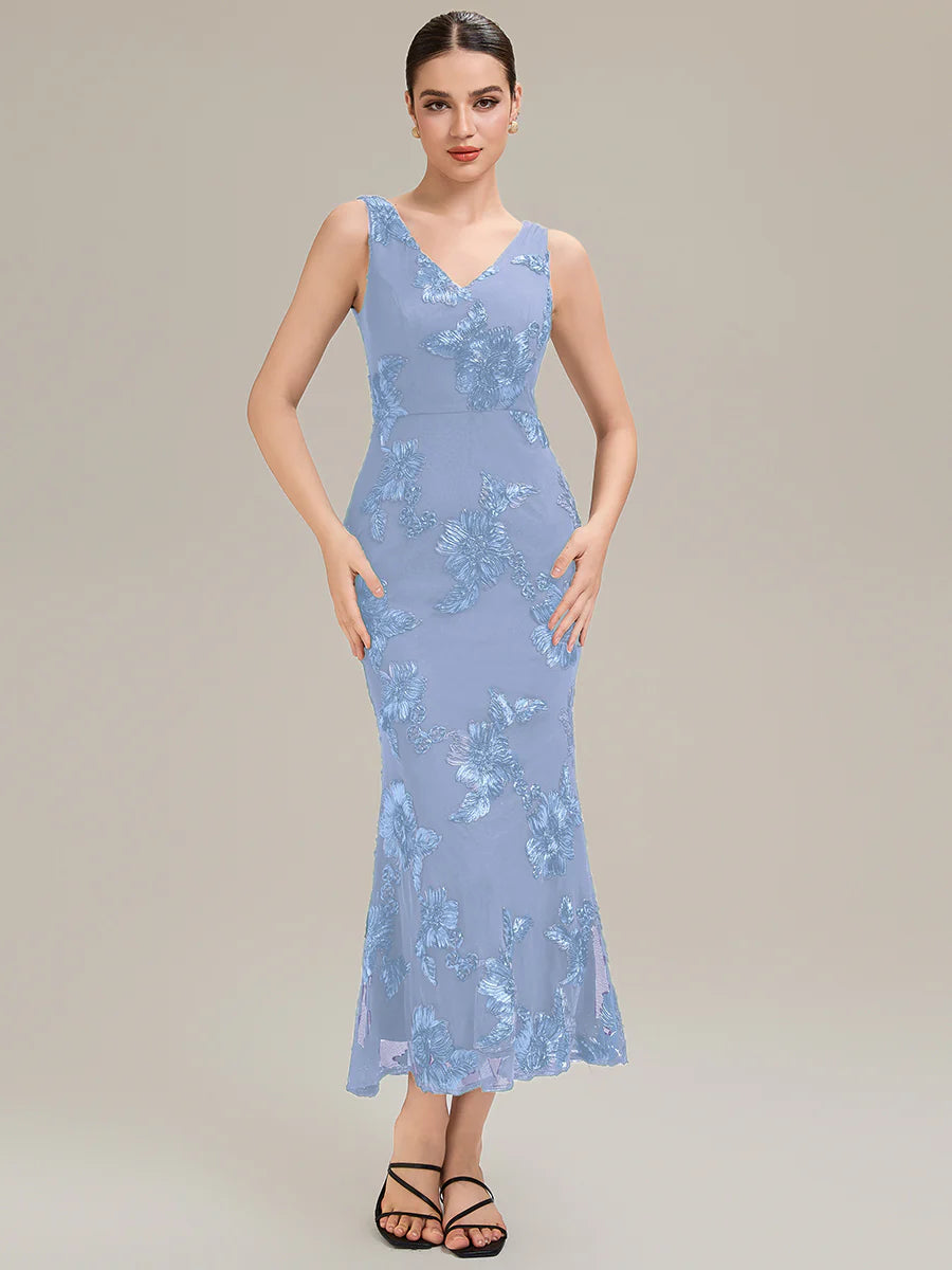 Sleeveless Deep V-Neck Fishtail High Stretch Midi Evening Dresses