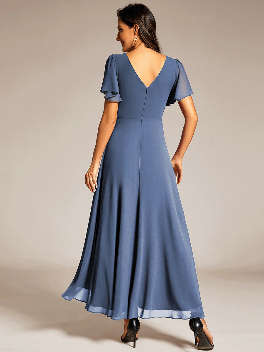 Elegant Asymmetrical A-Line Skirt Nine-Length Chiffon Dresses with Ruffles Sleeves