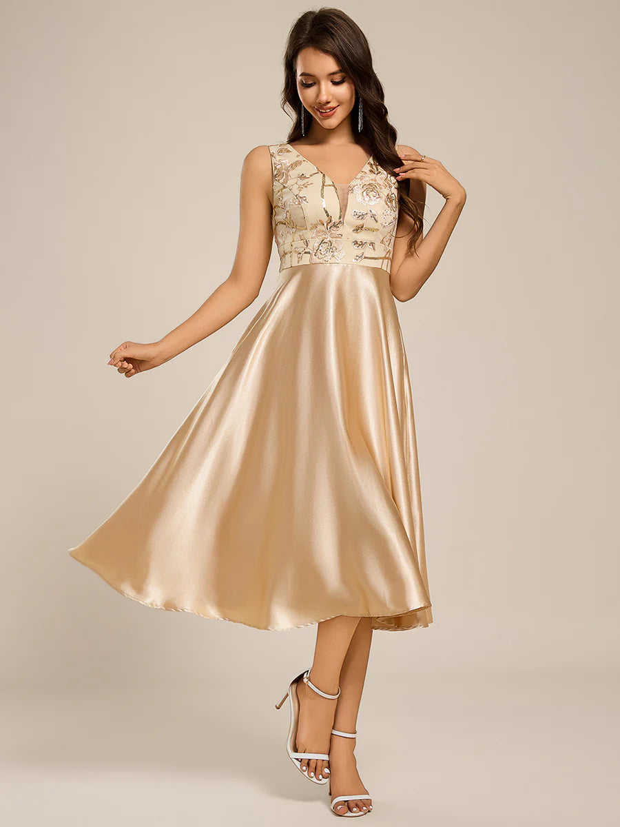 Strapless A-Line Midi Dress with Deep V-Neck Wedding Guest Dress