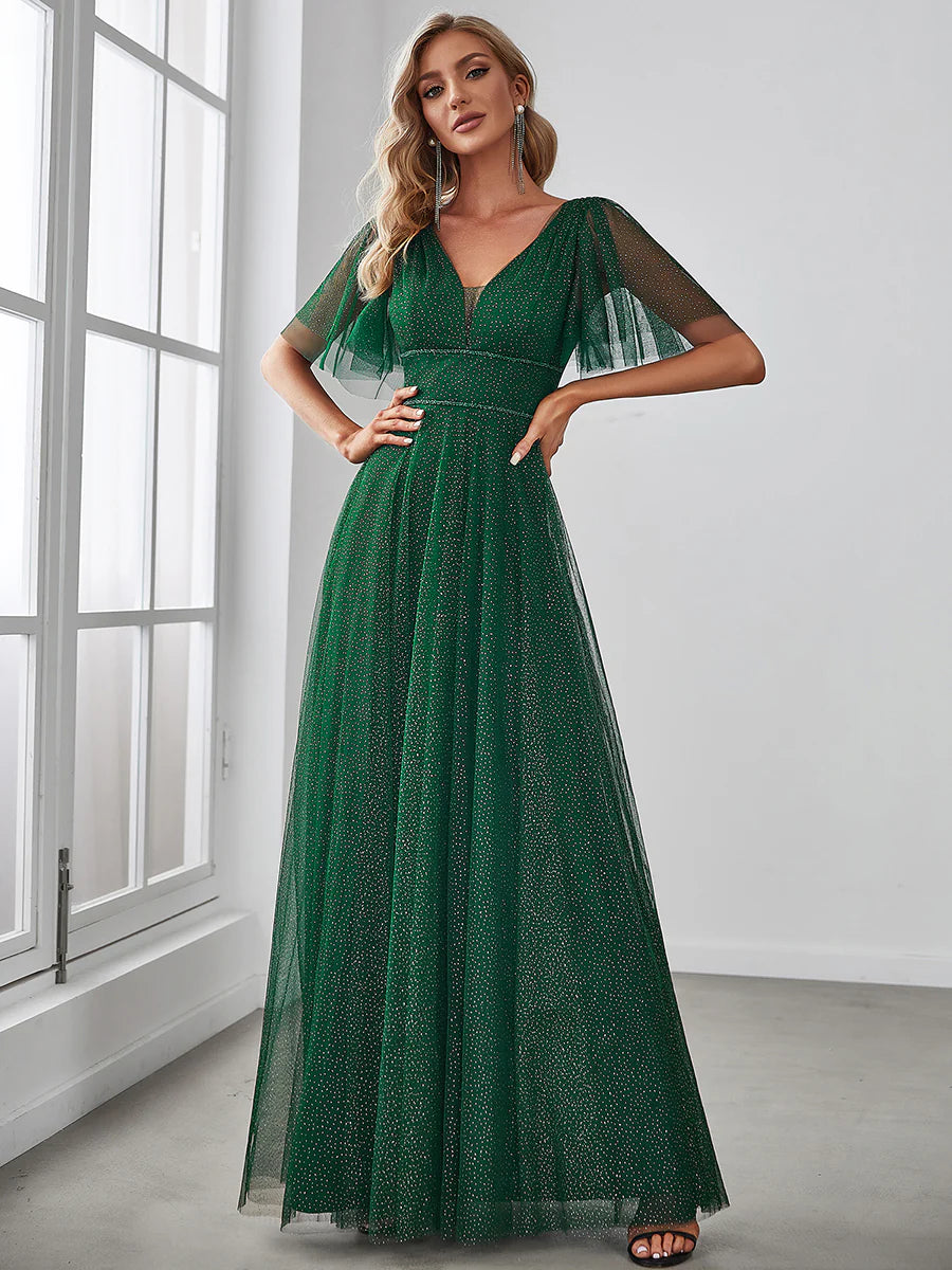 Wholesale Long Deep V Neck Maxi A-Line Tulle Evening Dress