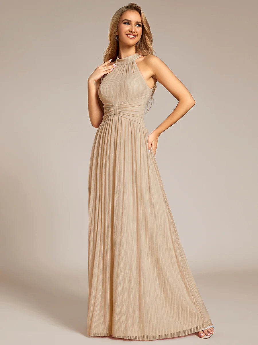 Glittery Halter Neck Pleated Formal Wholesale Evening Dress