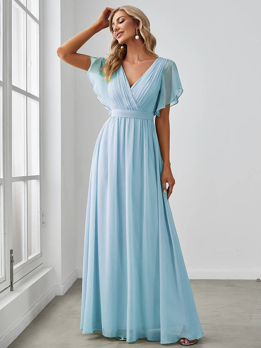 A Line Wholesale Evening Dresses with Deep V Neck Ruffles Sleeves