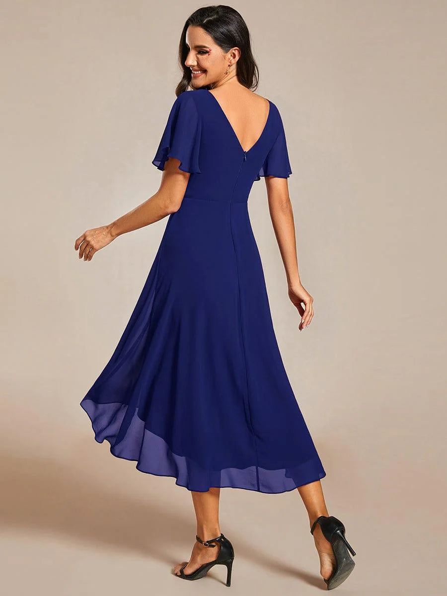 Chic V Neck High-Low Short Sleeve Wedding Guest Dress