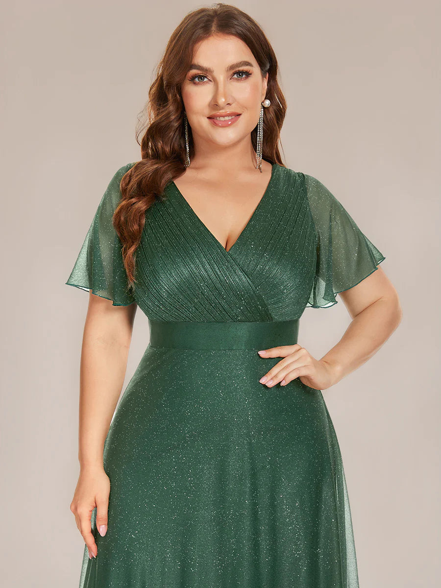 Plus Size Deep V Neck Ruffles Sleeve A Line Wholesale Evening Dresses