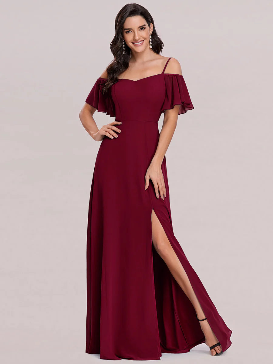 Wholesale High Split Chiffon Bridesmaid Dress With Spaghetti Straps
