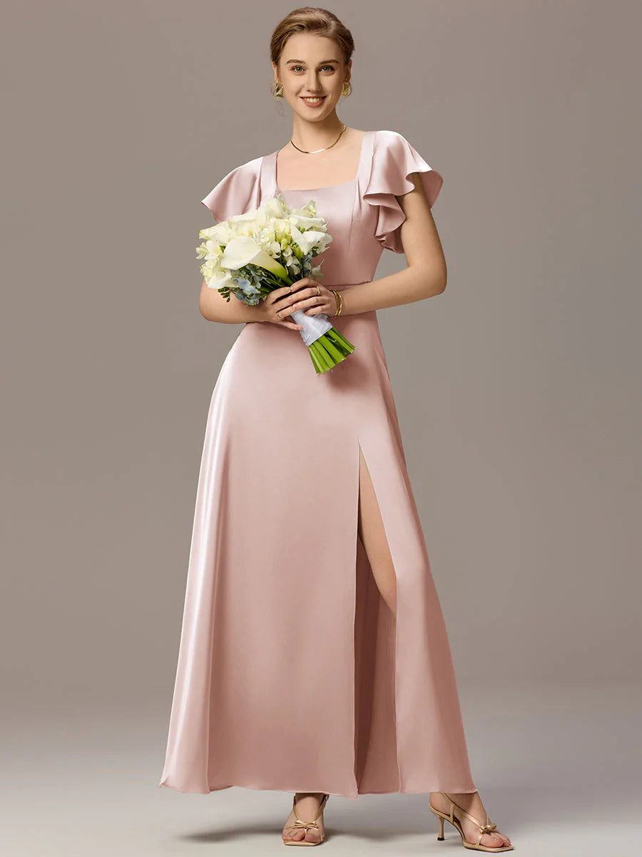 Customized Satin Square Neck Short Sleeve Ruffled Maxi Bridesmaid Dress with Pockets