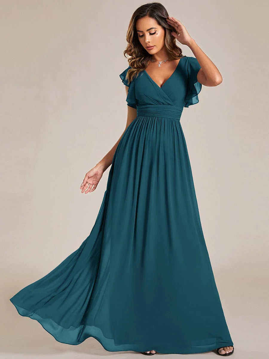 Ever LILYANA|Floral V-Neck Open Back Ruffled Sleeves Chiffon Bridesmaid Dress