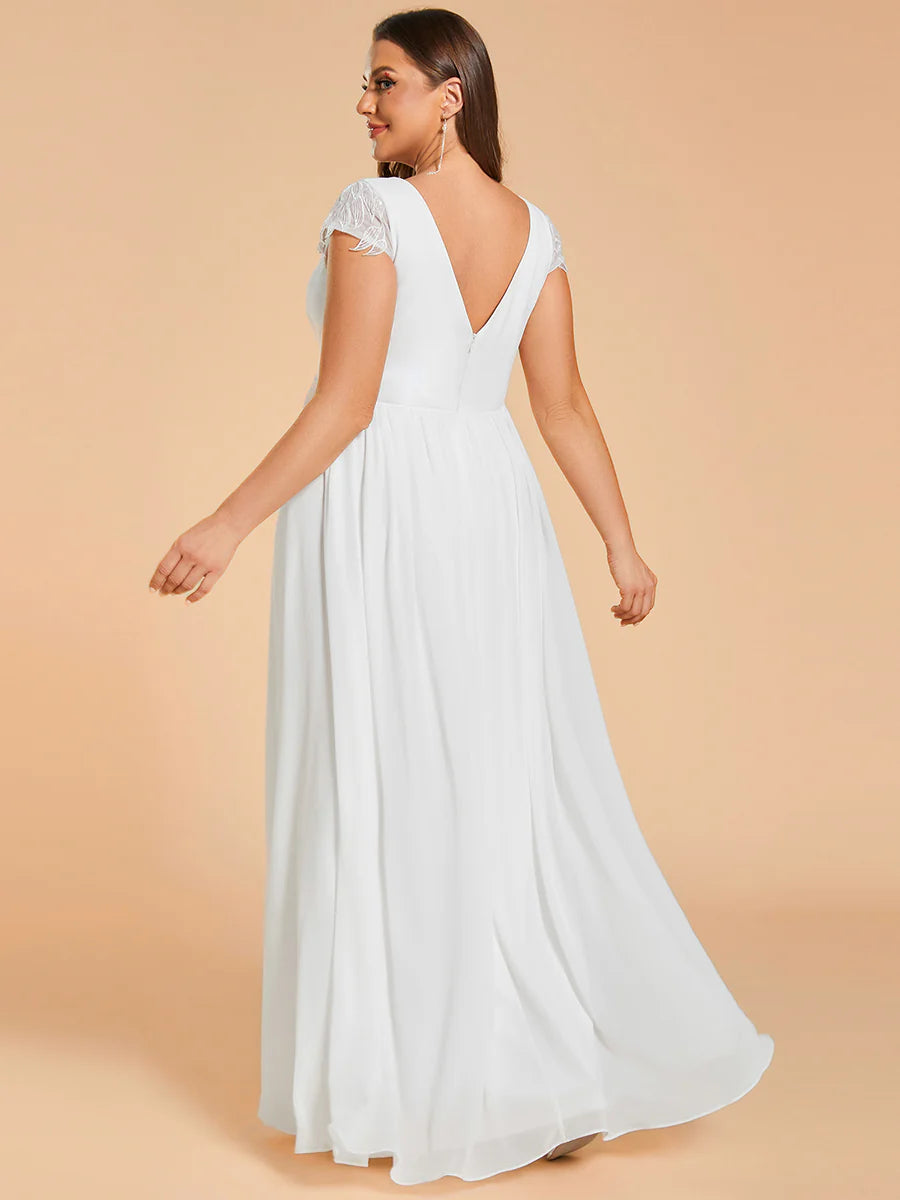 Plus Size Hollow Pleated V-Neck Simple Wedding Dress with Short Sleeves