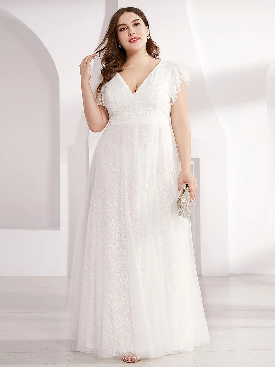 Plus Size Double V Neck Lace Evening Dresses with Ruffle Sleeves