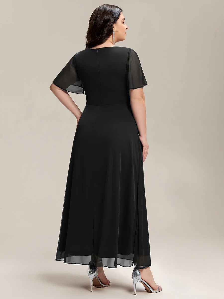 Plus Size Short Sleeve Ruffled Deep V Neck A-Line Slit Maxi Dress for Mother of the Bride