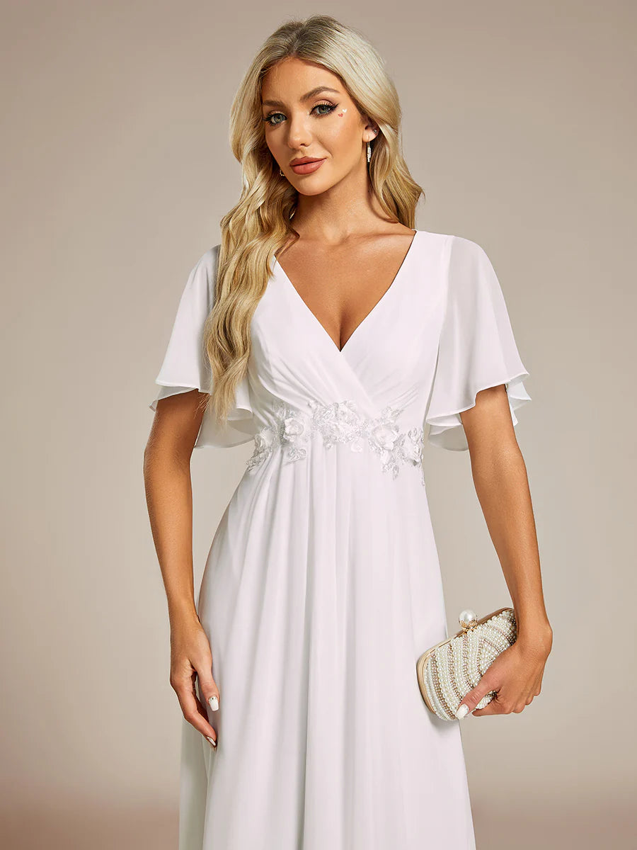Applique V Neck Tea Length Wedding Guest Dress With Short Sleeves