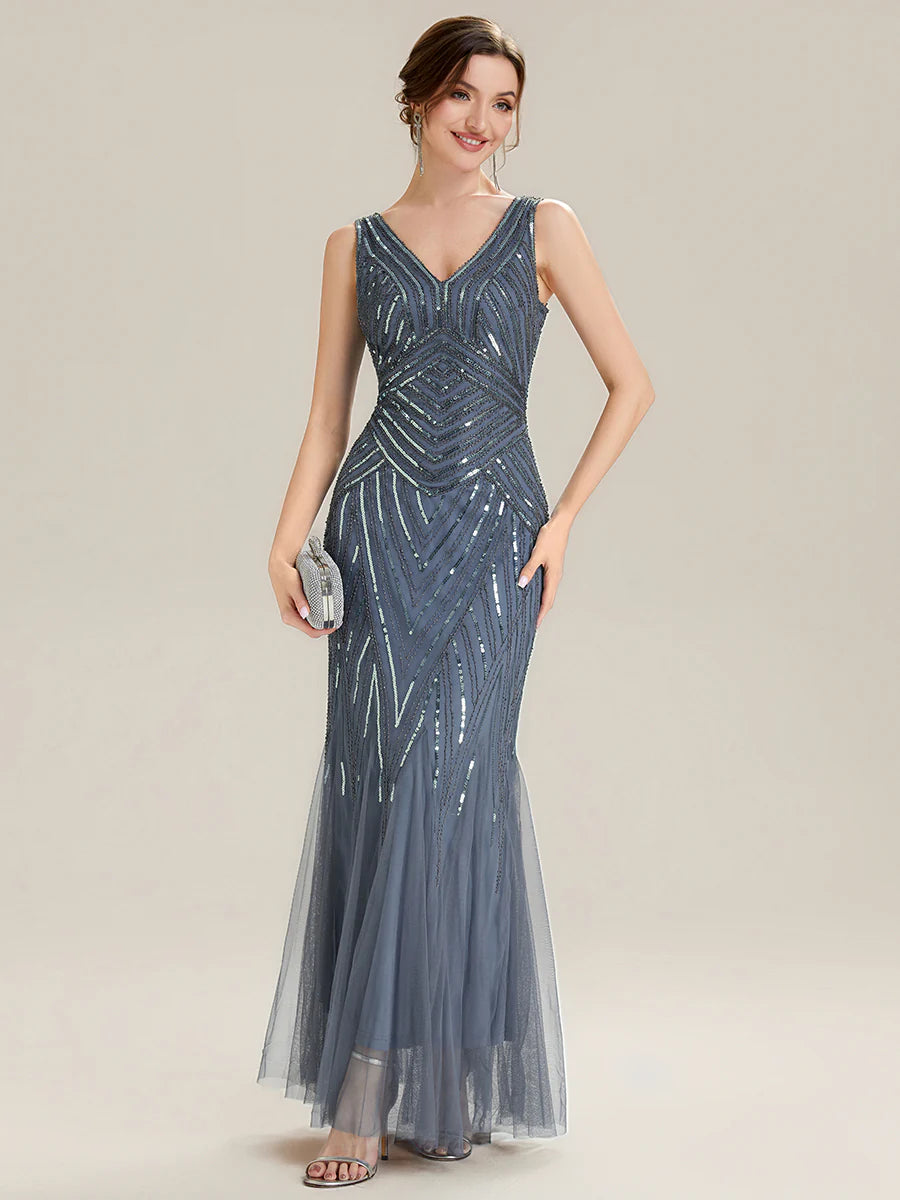 Commercial Wholesale Sleeveless High Stretch Fishtail Beaded V-Neck Evening Dresses