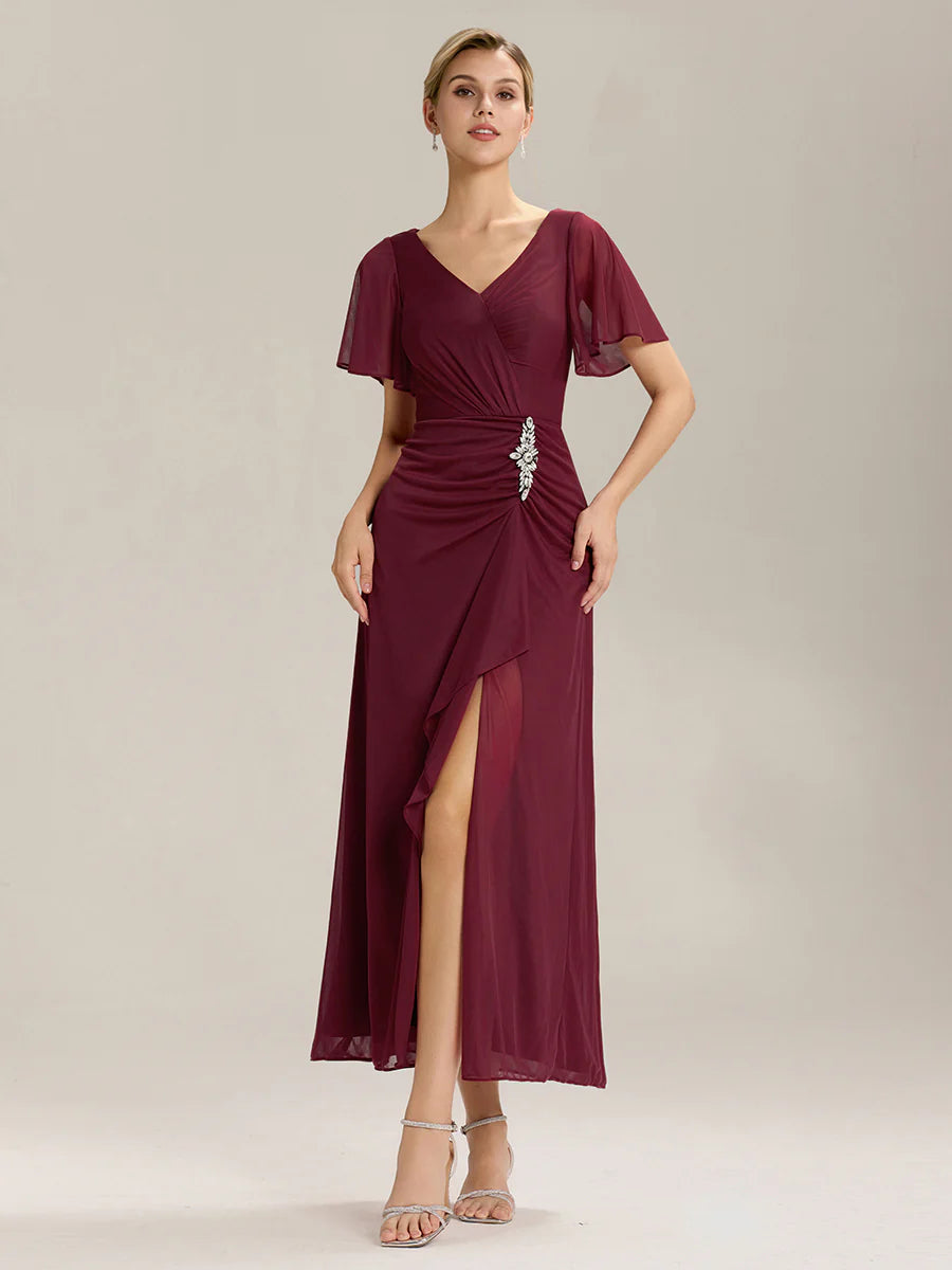 Short Sleeve Ruffle Deep V-Neck A-Line Maxi Dress with Slit Mother of the Bride Dresses