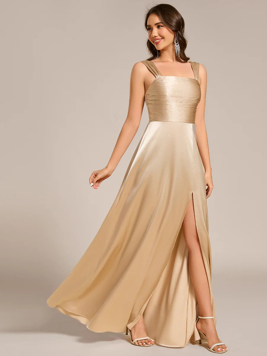 Elegant Bodycon Split Fishtail Floor Length Satin Bridesmaid Dresses with Regular Fold Stream