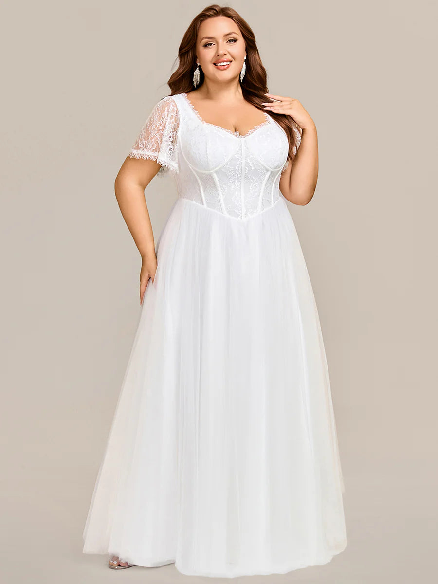 Sweetheart Short Sleeves A-Line Floor-Length Wedding Dress with See-through Details
