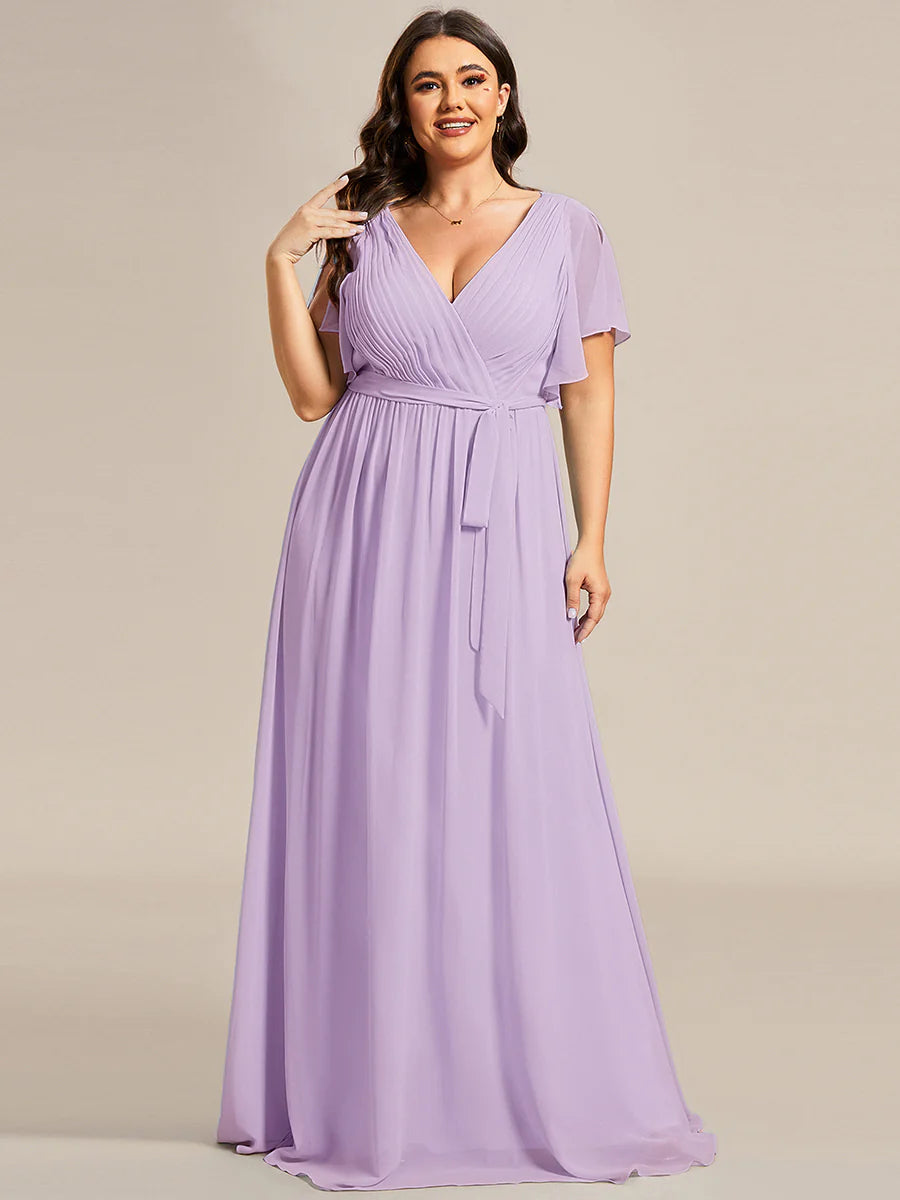 Short Sleeve Ruffle Deep V-Neck A-Line Floor Length Evening Dresses