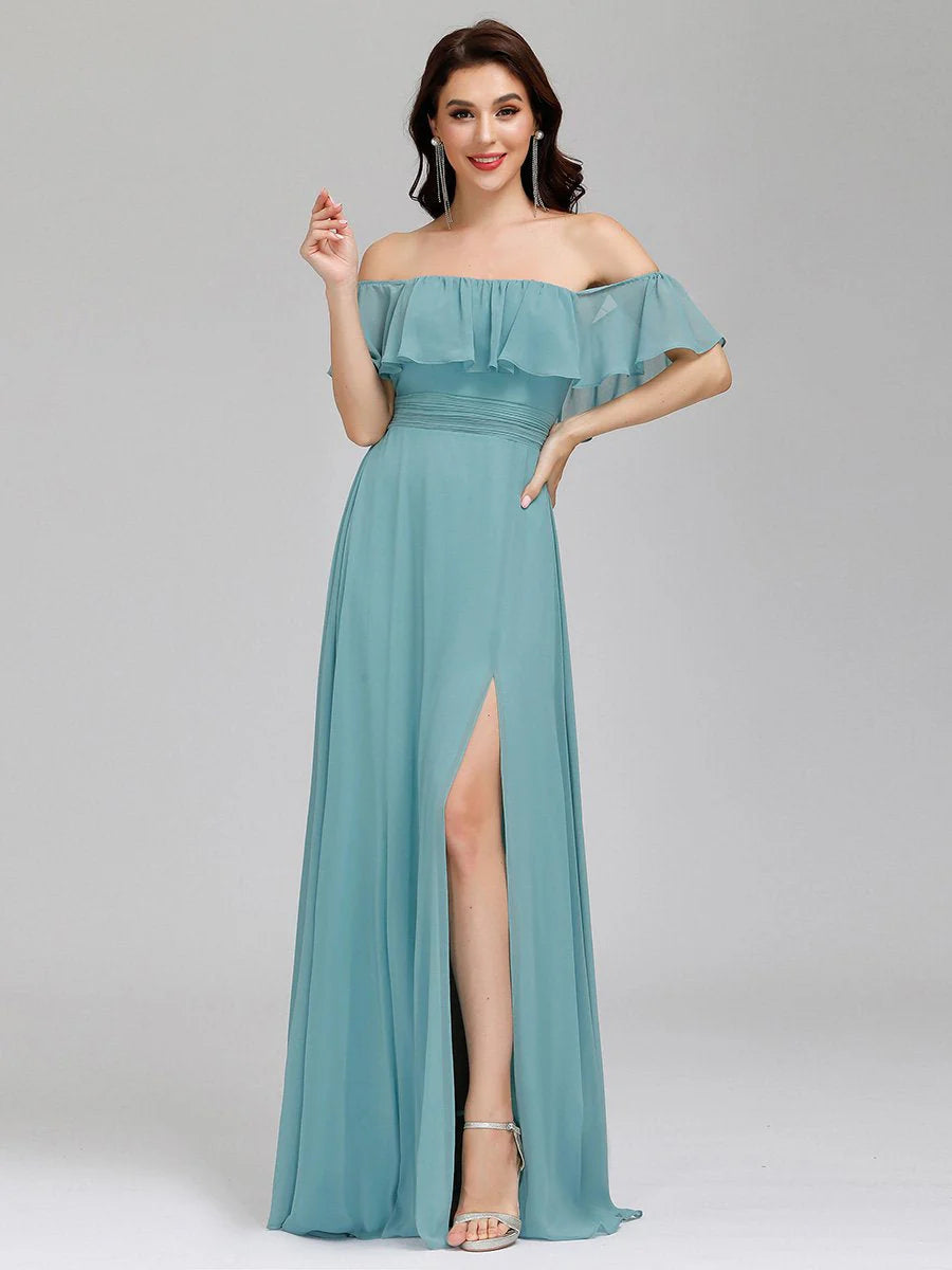 Women's Off Shoulder Ruffle Thigh Split Wholesale Bridesmaid Dresses
