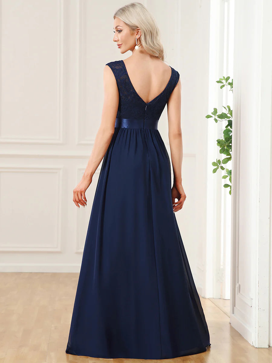 Wholesale V Back Belted Lace & Chiffon Bridesmaid Dresses