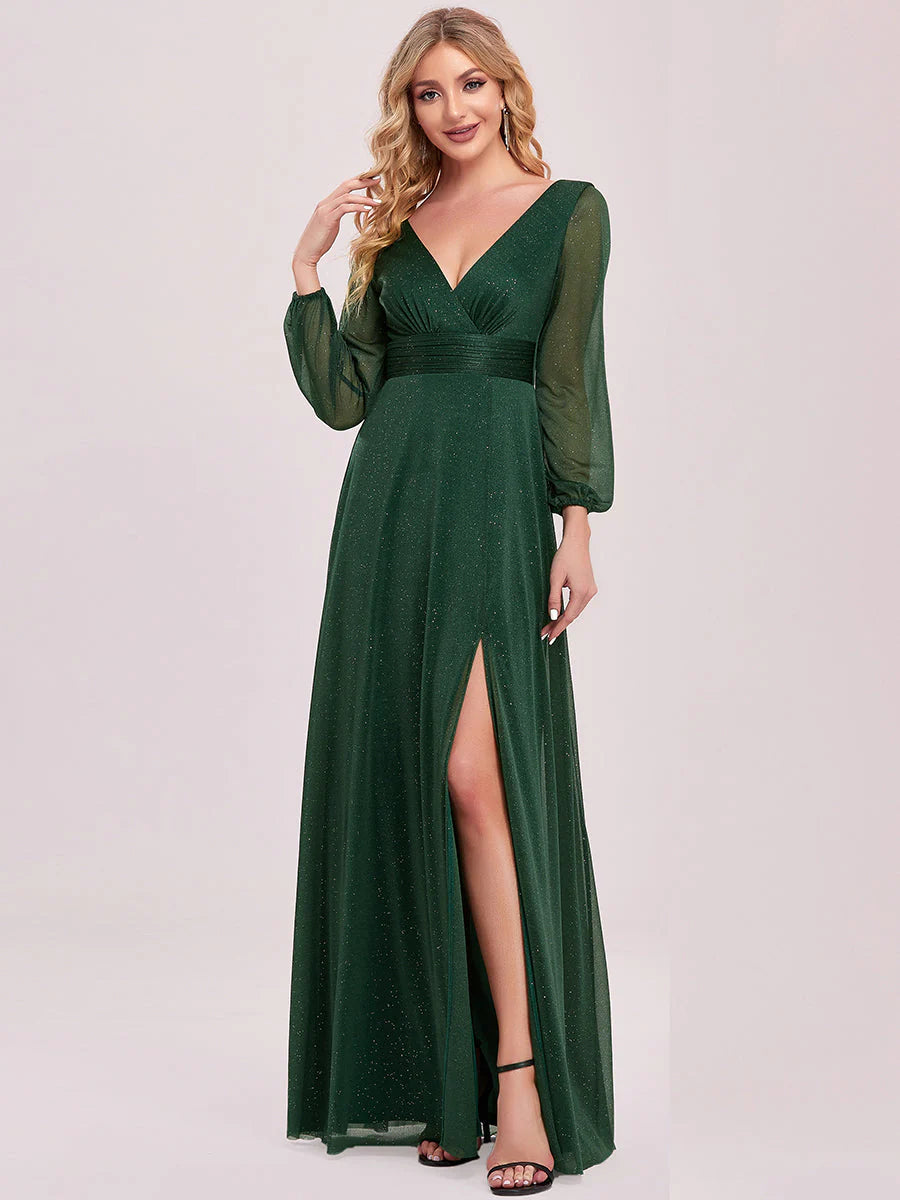 Sexy V-Neck Shiny Wholesale Evening Dresses With Long Sleeve