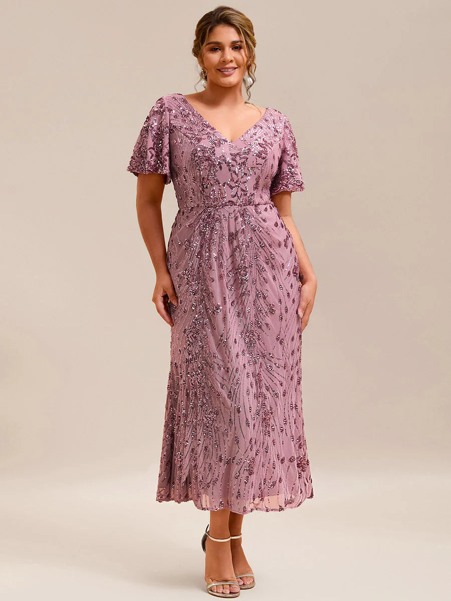 Plus Size Strapless Deep V-Neck Fishtail Paillette Midi Evening Dresses