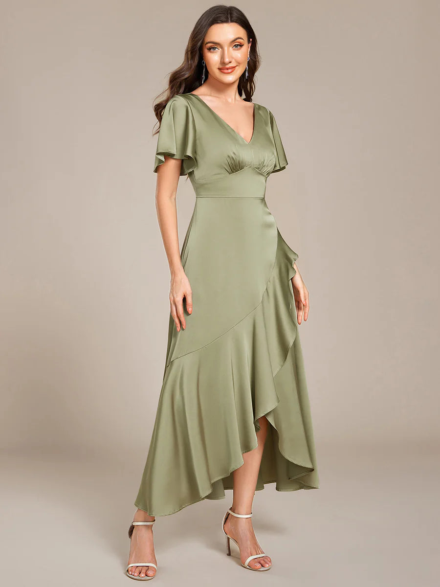 Short Sleeve Ruffled V-Neck Asymmetrical Hem Midi Bridesmaid Dress