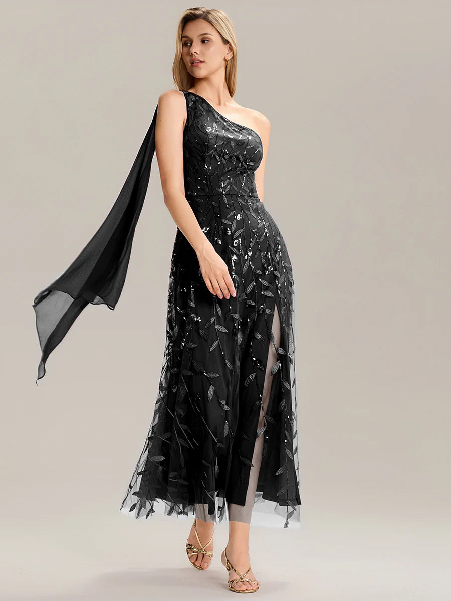 One Shoulder Sleeveless Sequin A-Line Maxi Wedding Guest Dress