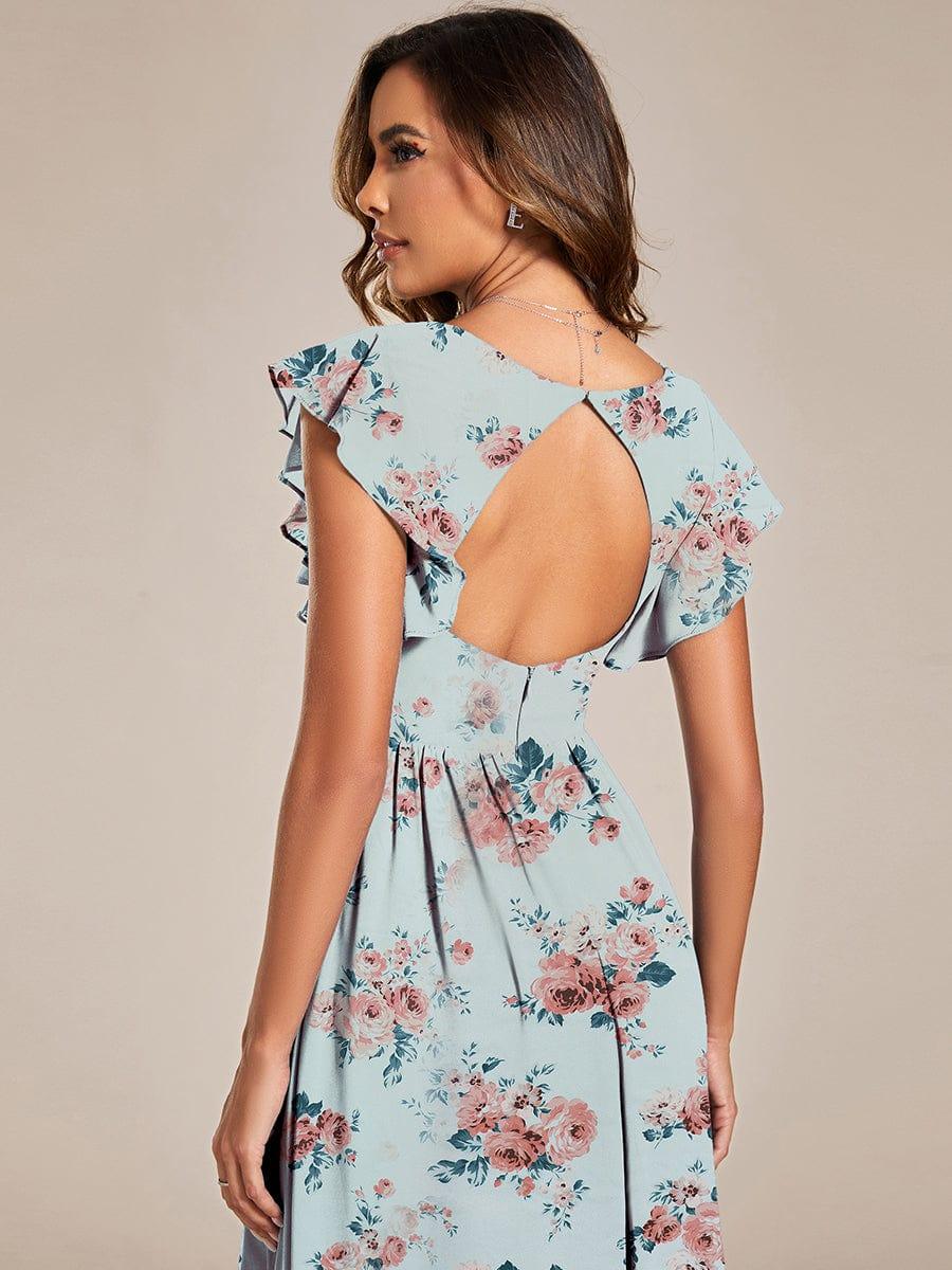Ever LILYANA|Floral V-Neck Open Back Ruffled Sleeves Chiffon Bridesmaid Dress