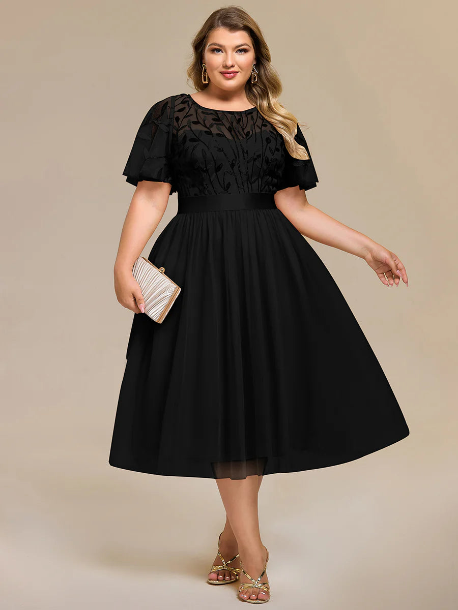 Bulk Order | Plus Size Fit A-Line Deep V-Neck Evening Gown | Ruffled Short Sleeve Midi Dress