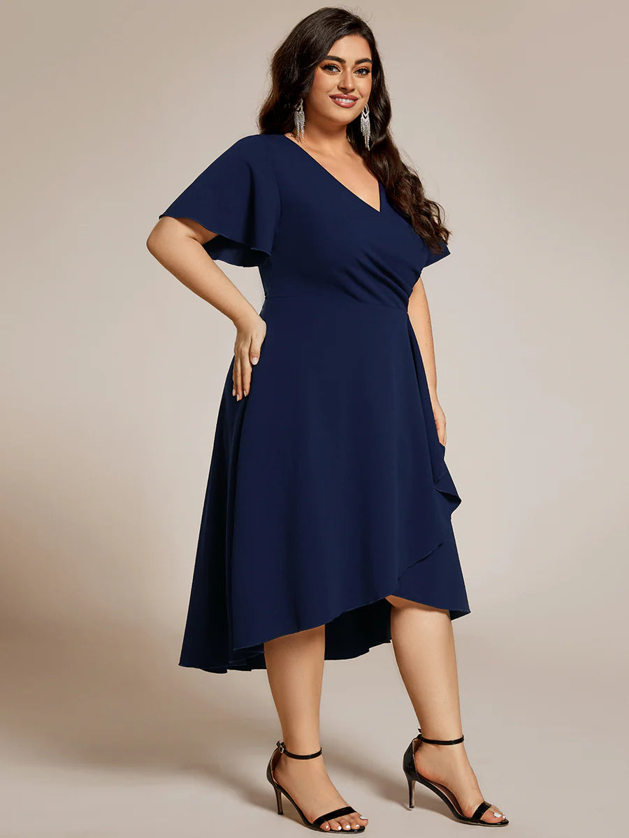 Plus Size Elegant Midi Length ruffles sleeve Twisted Wedding Guest Dresses with Regular Fold Stream